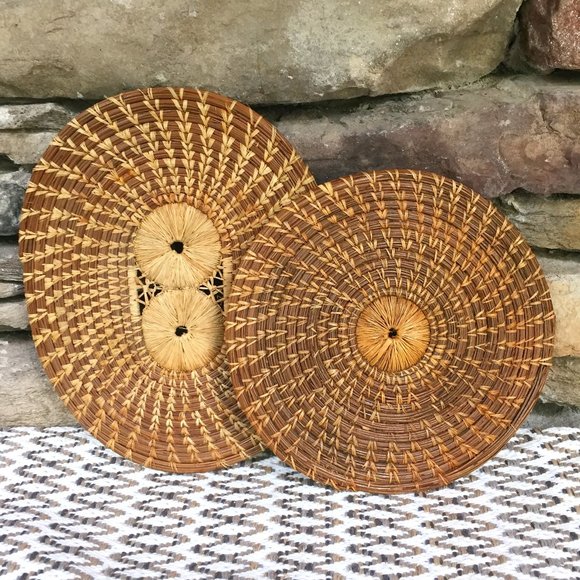 Vintage Wicker Trivet Pair Bohemian Kitchen Decor